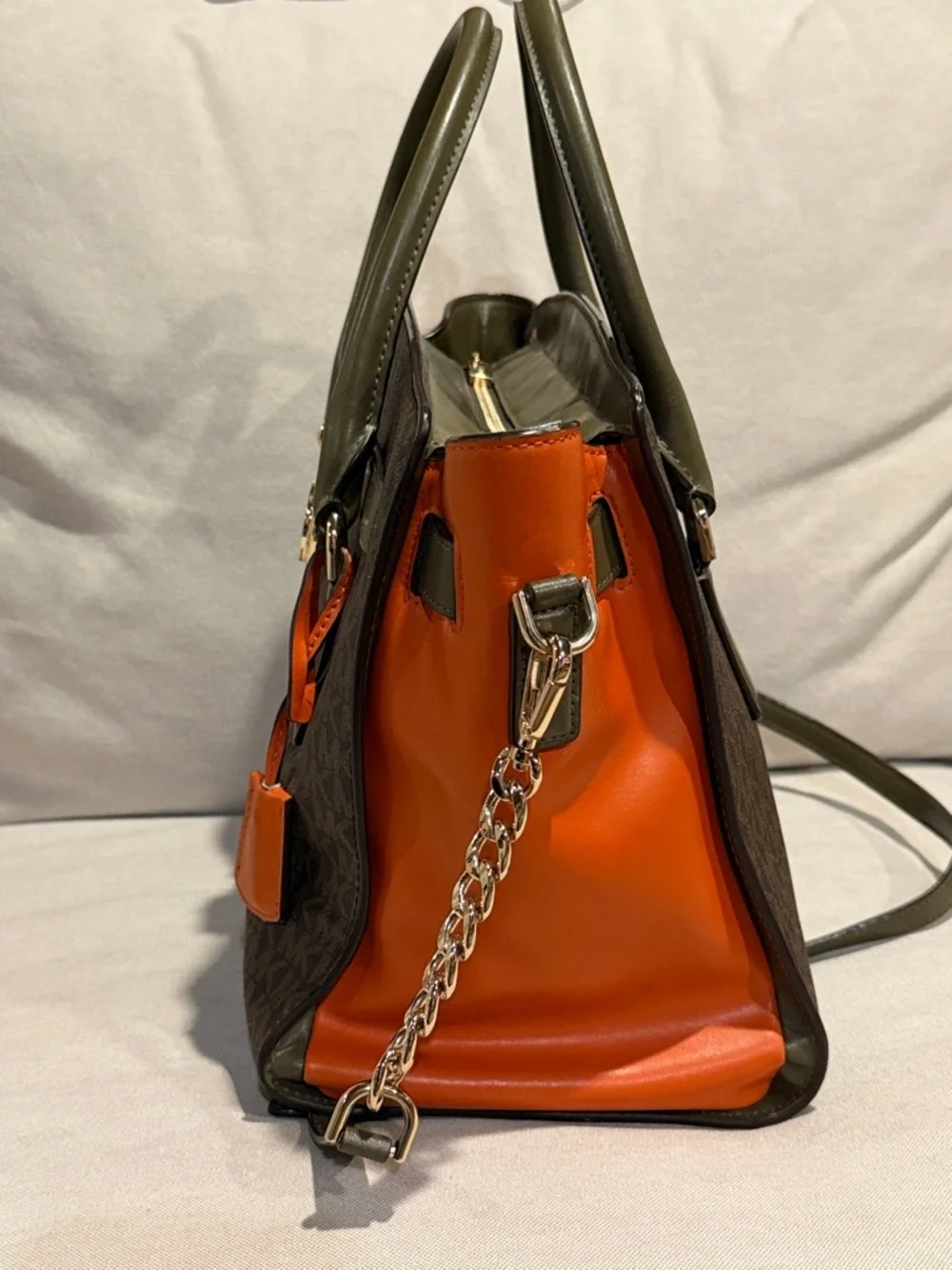 Michael Kors Hamilton Legacy Satchel - Brown Logo / Olive / Orange Colorblock